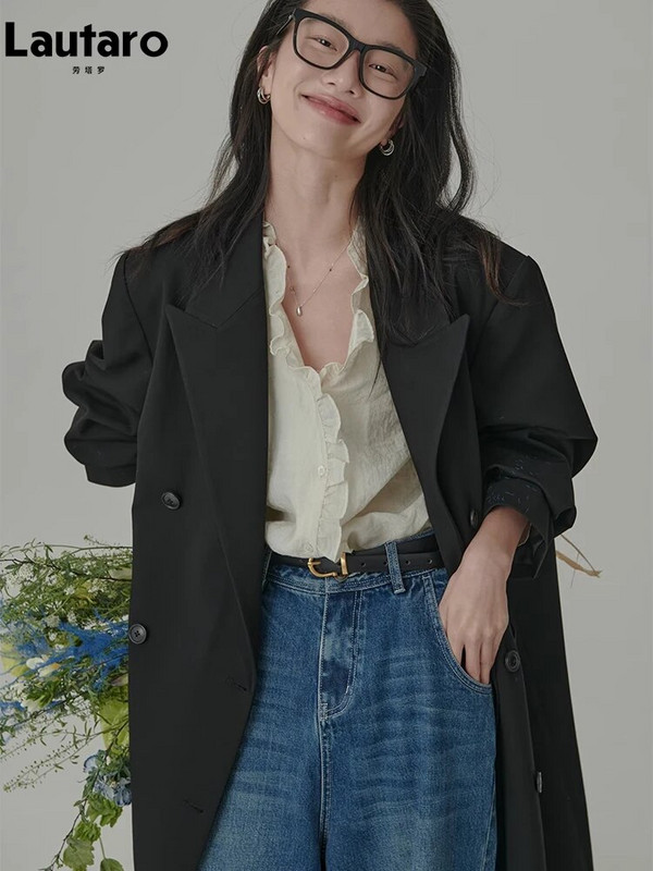Lautaro Ανοιξιάτικο φθινόπωρο Extra Loose Casual Flowy Μαύρη καμπαρντίνα για Γυναικεία Μάξι παλτό με διπλό στήθος Κορεάτικο στυλ 2023