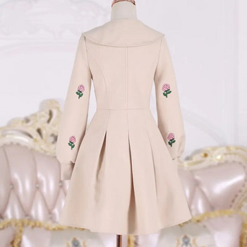 Γυναικείο παλτό μάλλινο μακρυμάνικο κεντημένο μπεζ Γυναικείο μεσαίο λεπτό ρούχο
