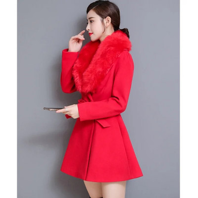 Kabát Női Luxus Nagy szőrmegallér Elegáns Téli Gyapjúkabát Anglia Női Kétsoros öv Vékony alkalmi meleg Mujer kabátok
