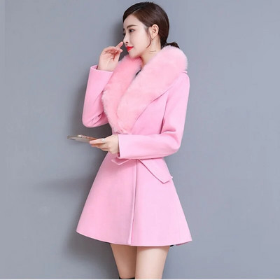 Kabát Női Luxus Nagy szőrmegallér Elegáns Téli Gyapjúkabát Anglia Női Kétsoros öv Vékony alkalmi meleg Mujer kabátok