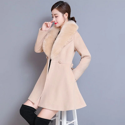 Kabát Női Luxus Nagy szőrmegallér Elegáns Téli Gyapjúkabát Anglia Női Kétsoros öv Vékony alkalmi meleg Mujer kabátok