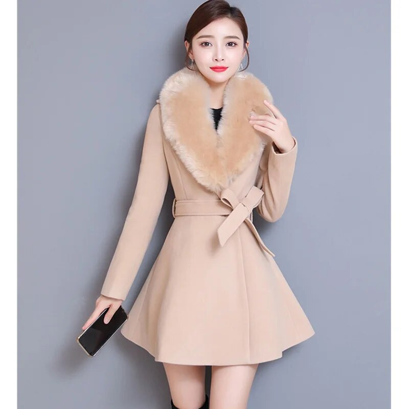 Kabát Női Luxus Nagy szőrmegallér Elegáns Téli Gyapjúkabát Anglia Női Kétsoros öv Vékony alkalmi meleg Mujer kabátok