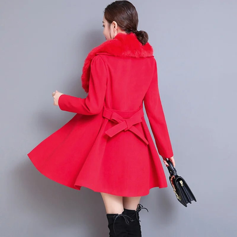 Kabát Női Luxus Nagy szőrmegallér Elegáns Téli Gyapjúkabát Anglia Női Kétsoros öv Vékony alkalmi meleg Mujer kabátok
