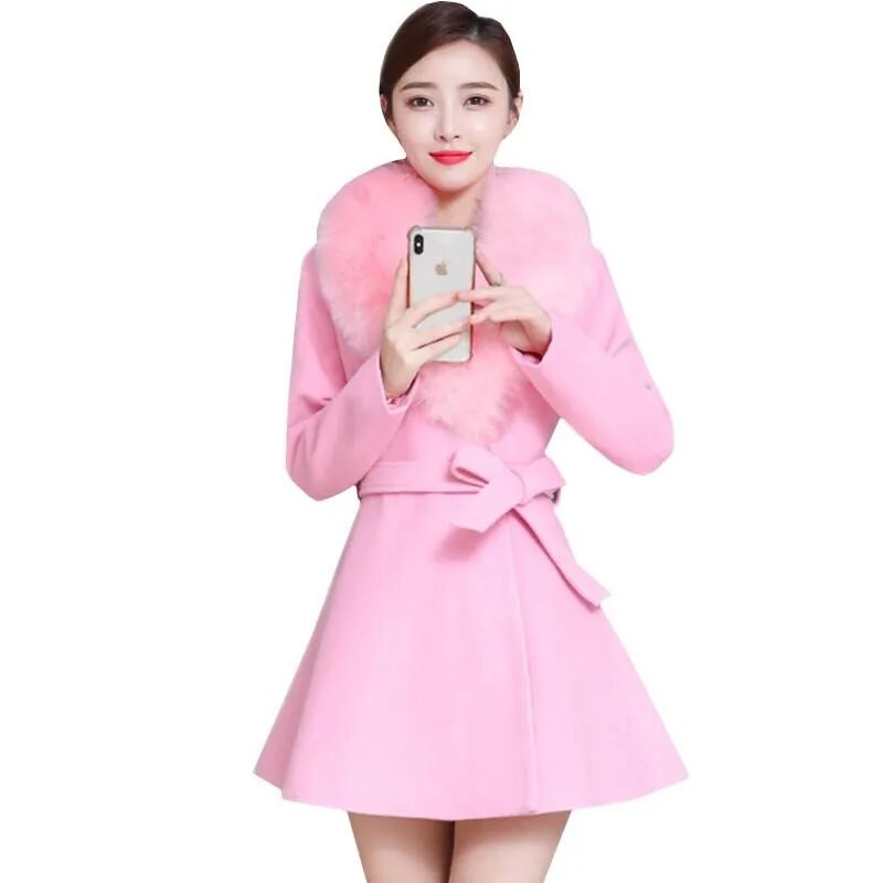 Kabát Női Luxus Nagy szőrmegallér Elegáns Téli Gyapjúkabát Anglia Női Kétsoros öv Vékony alkalmi meleg Mujer kabátok