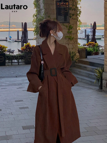 Lautaro Ανοιξιάτικη φθινοπωρινή μακριά καφέ μαύρη ριγέ παλτό υπερμεγέθη καμπαρντίνα για γυναικεία ζώνη Πολυτελή επώνυμα ρούχα Μόδα πασαρέλας 2023