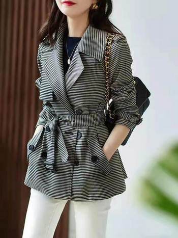 Γυναικεία καμπαρντίνα 2023 Φθινόπωρο, Χειμερινή Μόδα Κορέας Καρό Vintage Houndstooth Κομψό casual outerwear Oversize παλτό