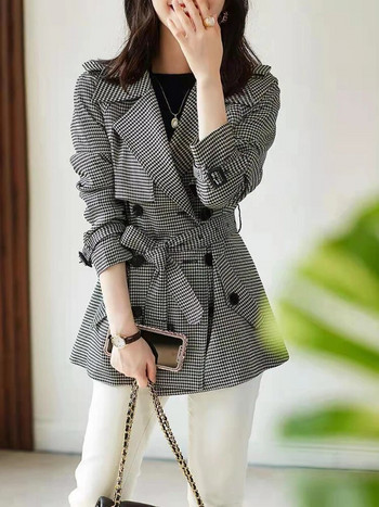 Γυναικεία καμπαρντίνα 2023 Φθινόπωρο, Χειμερινή Μόδα Κορέας Καρό Vintage Houndstooth Κομψό casual outerwear Oversize παλτό