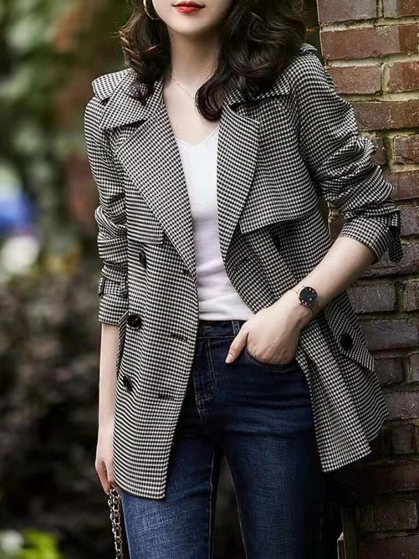 Naiste trentšmantel 2023. aasta sügistalvine Korea ruuduline vintage Houndstooth Elegantne vabaaja pealisriiete ülisuur jope