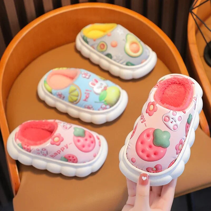 Ziemas ūdensizturīgs multfilmu augļu raksts bērniem plīša čības Mīksta zole Neslīdoša silta zīdaiņu zēni meitenes iekštelpu kokvilnas apavi