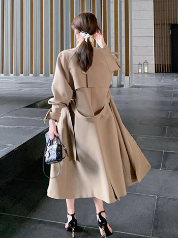 LANMREM Solid Patchwork Trench Coat Дамски палта с дълги ръкави, двуредно палто с колан с висока талия, Дамски дрехи 2023 Ново 2YA1153