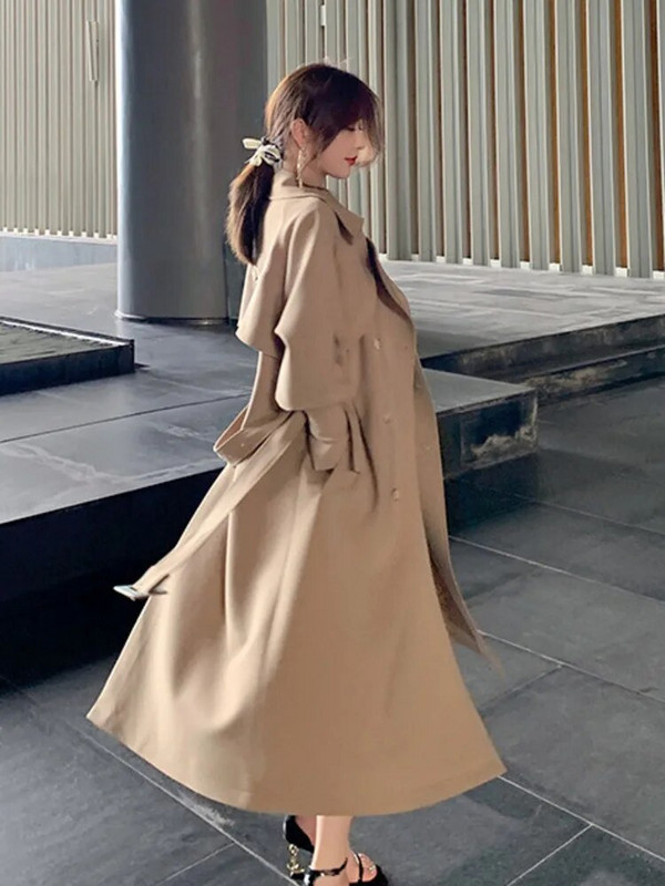 LANMREM Solid Patchwork Trench Sieviešu mētelis ar garām piedurknēm dubultrindas ar augstu jostasvietu Sieviešu apģērbi 2023 Jauns 2YA1153