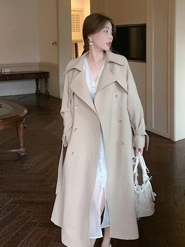 LANMREM Solid Patchwork Trench Sieviešu mētelis ar garām piedurknēm dubultrindas ar augstu jostasvietu Sieviešu apģērbi 2023 Jauns 2YA1153