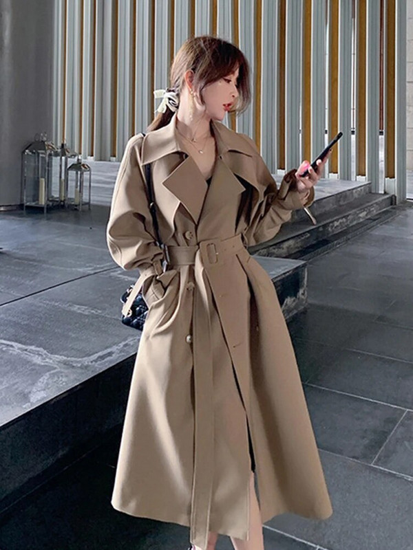 LANMREM Solid Patchwork Trench Sieviešu mētelis ar garām piedurknēm dubultrindas ar augstu jostasvietu Sieviešu apģērbi 2023 Jauns 2YA1153