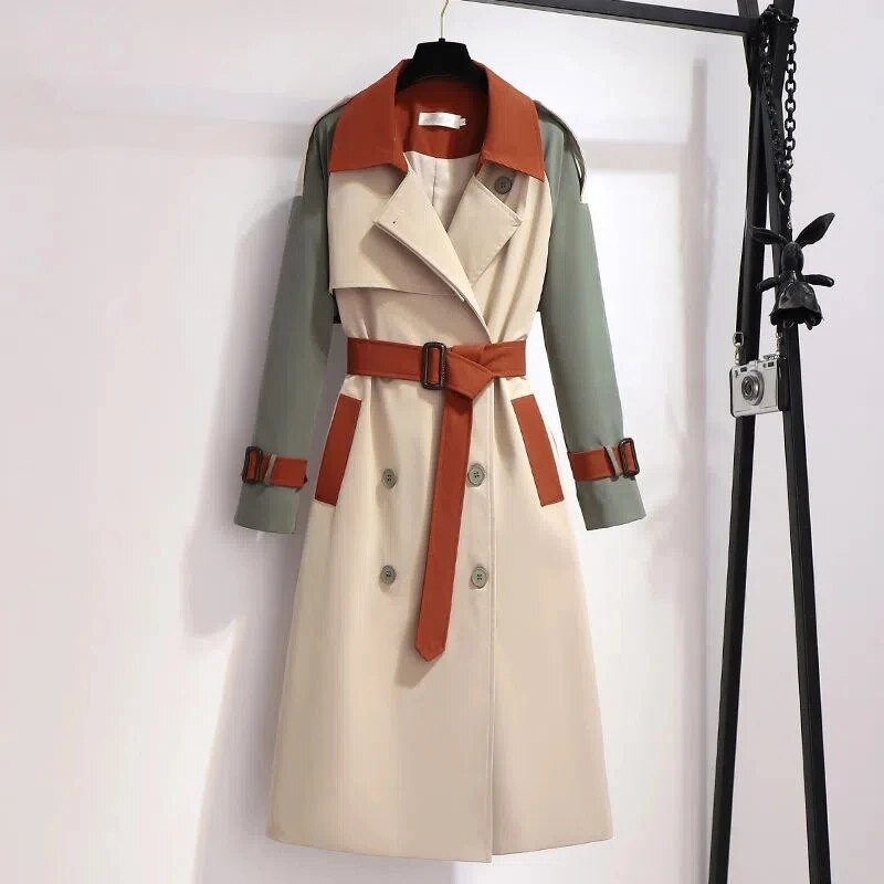 Modes kontrasta šuves garā temperamenta vējjakā sieviešu pavasara un rudens jaunais korejiešu variants, brīvs jostasvietas plāns mētelis