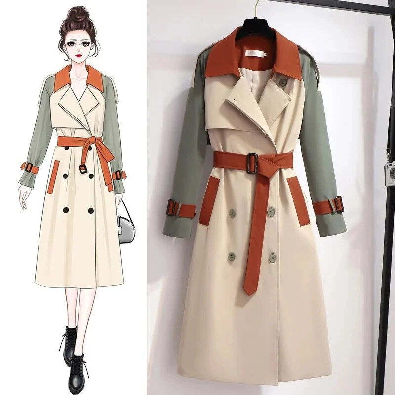 Modes kontrasta šuves garā temperamenta vējjakā sieviešu pavasara un rudens jaunais korejiešu variants, brīvs jostasvietas plāns mētelis