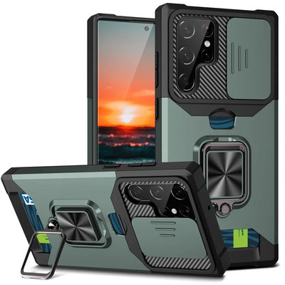 S23 Ultra Case kartes slota soma pirkstu gredzena turētāja statīva vāciņš Samsung Galaxy S23 Ultra S22 S21 FE Plus Phone Funda priekš S23+ 22