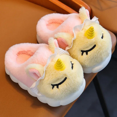 Jaunas ziemas bērnu kokvilnas čības multfilmas vienradzis bērnu iekštelpu slidkalniņi Neslīdoši platformas meitenes un zēni siltas plīša mājas apavi
