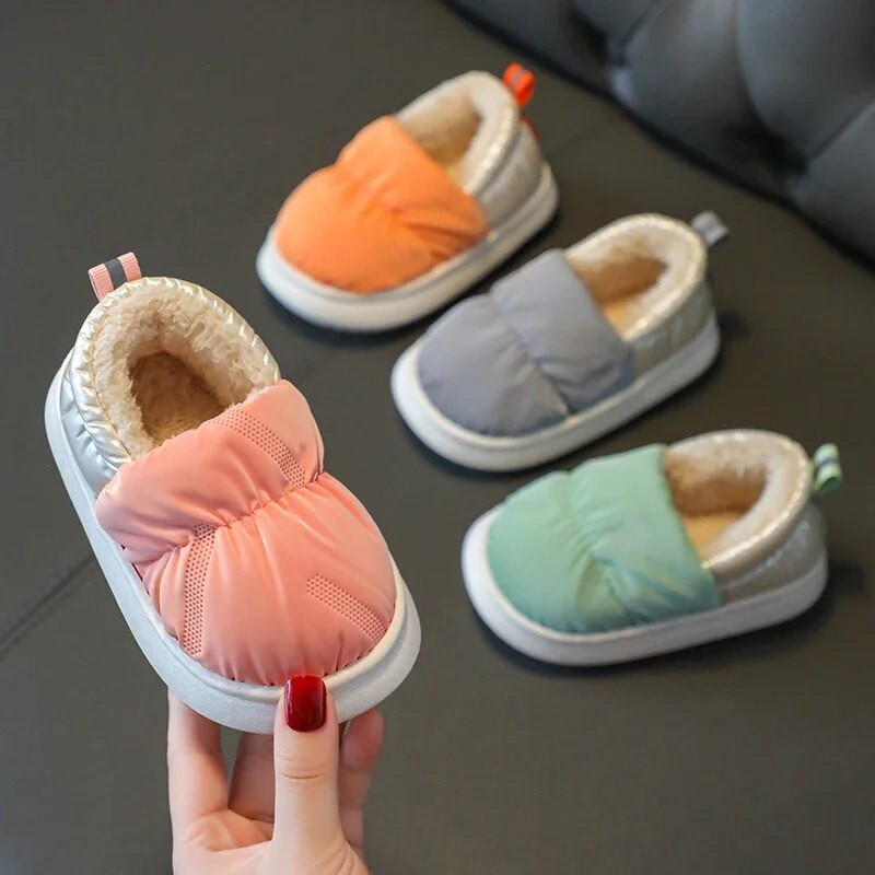 Papuci de casă de iarnă pentru copii, impermeabili, cu toc, din bumbac, simplitate, anti-alunecare, talpă moale, pentru copii, băieți, fete, pantofi caldi de casă.
