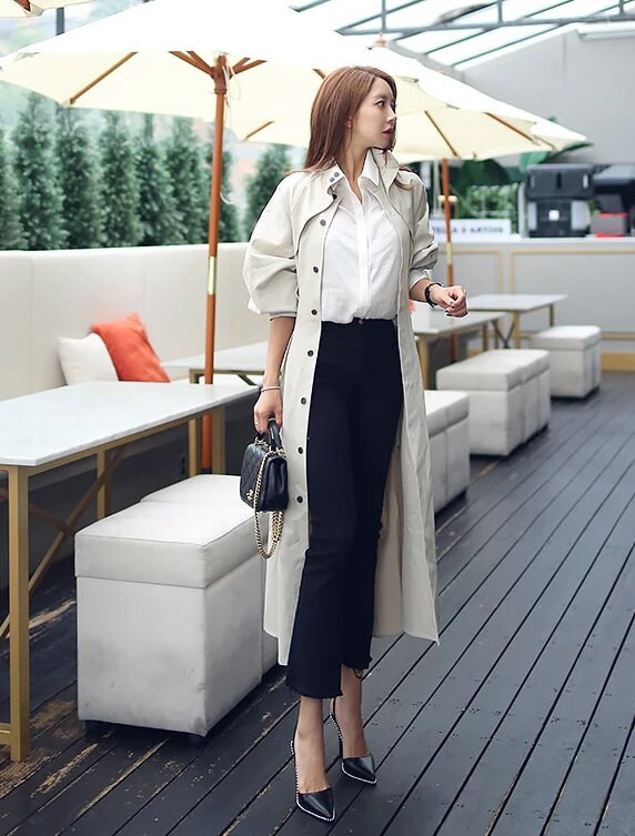 Darba apģērbs Pavasara rudens garais mētelis sieviešu tranšeja virsdrēbes ar garām piedurknēm Elegants, krāsains mētelis ar vērtnēm SL102