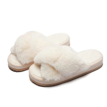 BEVERGREEN Зимни луксозни дамски кожени чехли с отворени пръсти с кръстосана лента Къща Пухкави пързалки за момичета 3 см ток Дамски обувки на платформа