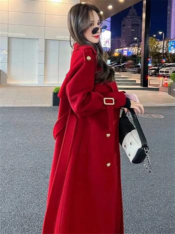 Κόκκινο Φθινοπωρινό χειμωνιάτικο μάλλινο παλτό Γυναικεία Ρούχα Μονόχρωμο πέτο με κορδόνια Διπλό στήθος Χαλαρή μεσαία καμπαρντίνα ZM185
