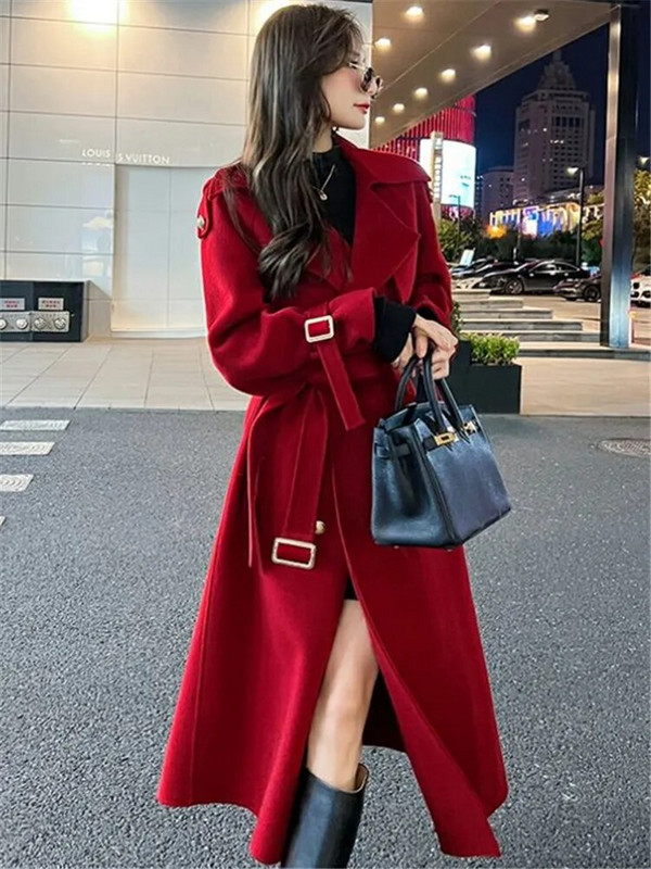 Sarkans rudens ziemas vilnas mētelis Sieviešu apģērbs vienkrāsains atloks, šņorējams ar divrindu, brīvs vidēja garuma mētelis ZM185