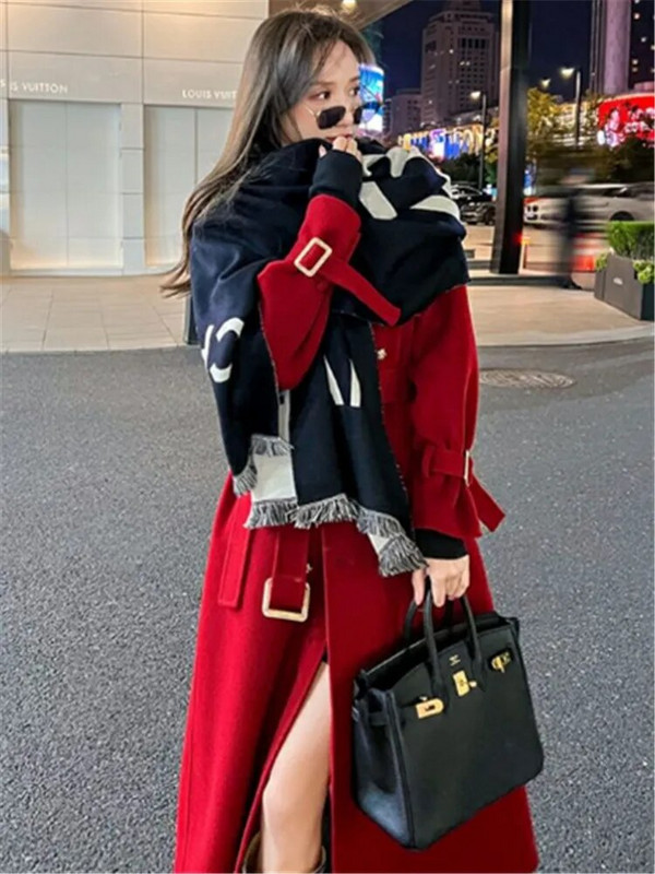 Sarkans rudens ziemas vilnas mētelis Sieviešu apģērbs vienkrāsains atloks, šņorējams ar divrindu, brīvs vidēja garuma mētelis ZM185