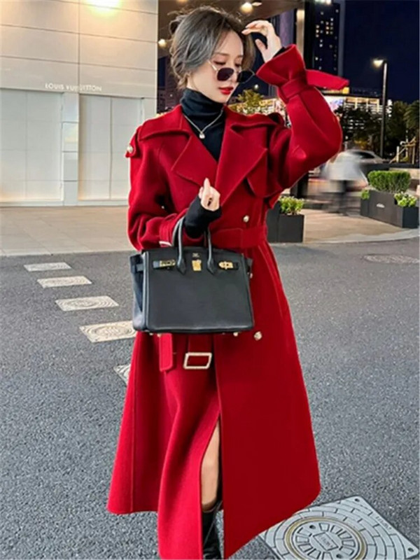 Sarkans rudens ziemas vilnas mētelis Sieviešu apģērbs vienkrāsains atloks, šņorējams ar divrindu, brīvs vidēja garuma mētelis ZM185