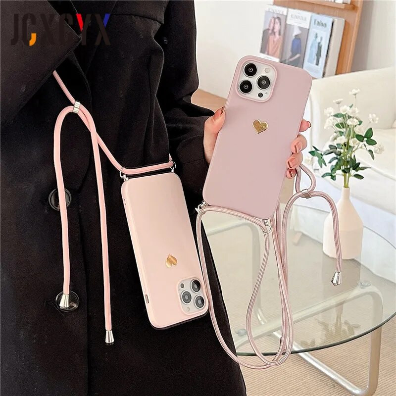 Plating Love Crossbody Κολιέ Κορδόνι Κορδόνι Μαλακή θήκη τηλεφώνου για iPhone 15 14 13 12 Pro Max 11 Mini XS XR 7 Plus SE Κάλυμμα