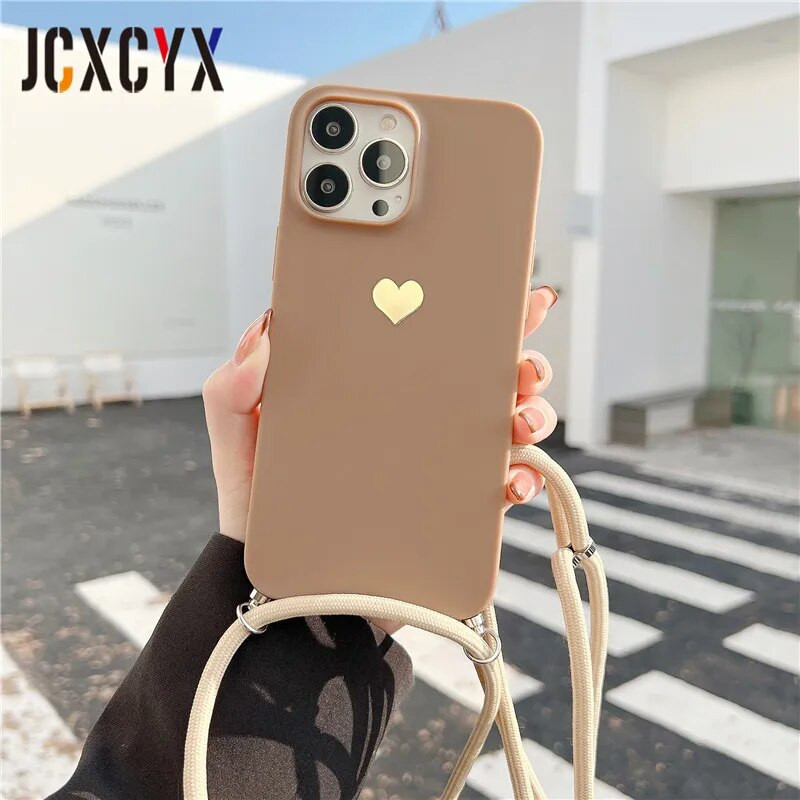 Plating Love Crossbody Κολιέ Κορδόνι Κορδόνι Μαλακή θήκη τηλεφώνου για iPhone 15 14 13 12 Pro Max 11 Mini XS XR 7 Plus SE Κάλυμμα