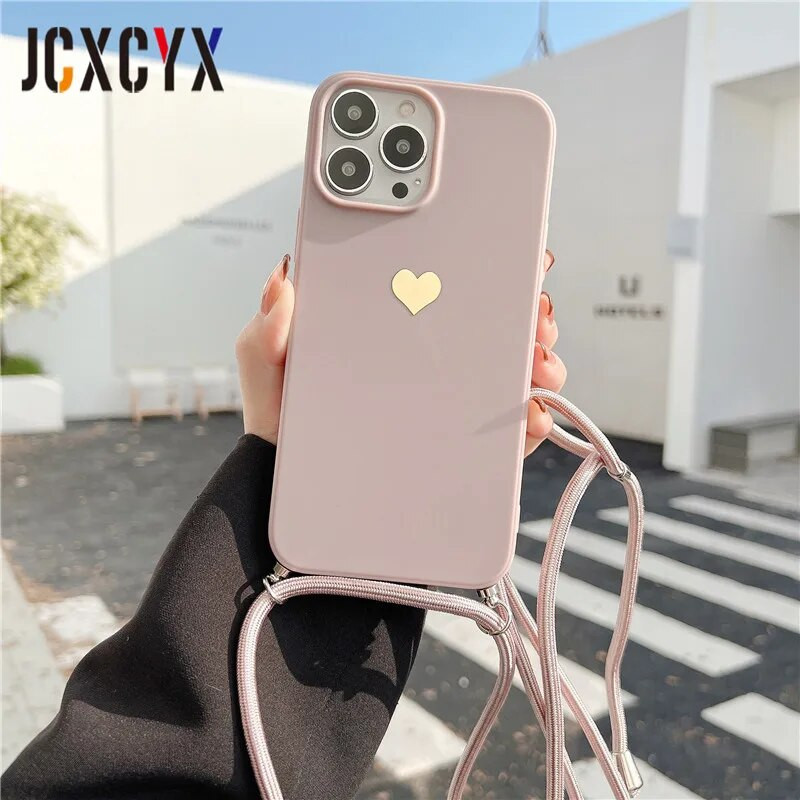 Plating Love Crossbody Κολιέ Κορδόνι Κορδόνι Μαλακή θήκη τηλεφώνου για iPhone 15 14 13 12 Pro Max 11 Mini XS XR 7 Plus SE Κάλυμμα