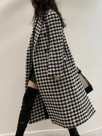 Κορεάτικη μόδα Γυναικείο μακρύ καρό μάλλινο παλτό Φθινοπωρινό Χειμώνα Casual Loose Κομψό σακάκι Houndstooth Γυναικείο κομψό vintage πανωφόρι