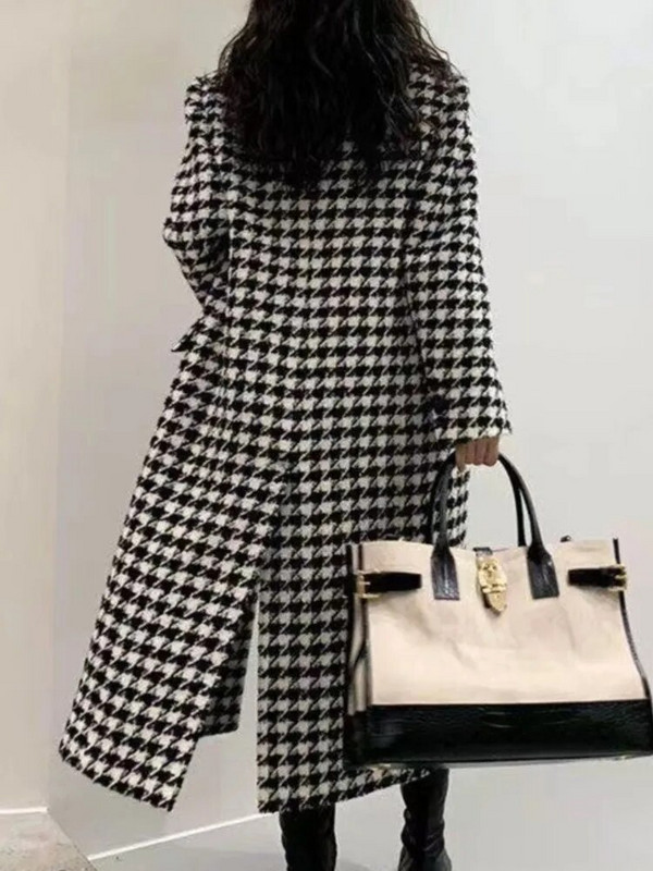 Sieviešu korejiešu modes rūtains vilnas mētelis rudens ziemas ikdienišķs brīvs, elegants houndstooth jaka Sieviešu elegants vintage mētelis