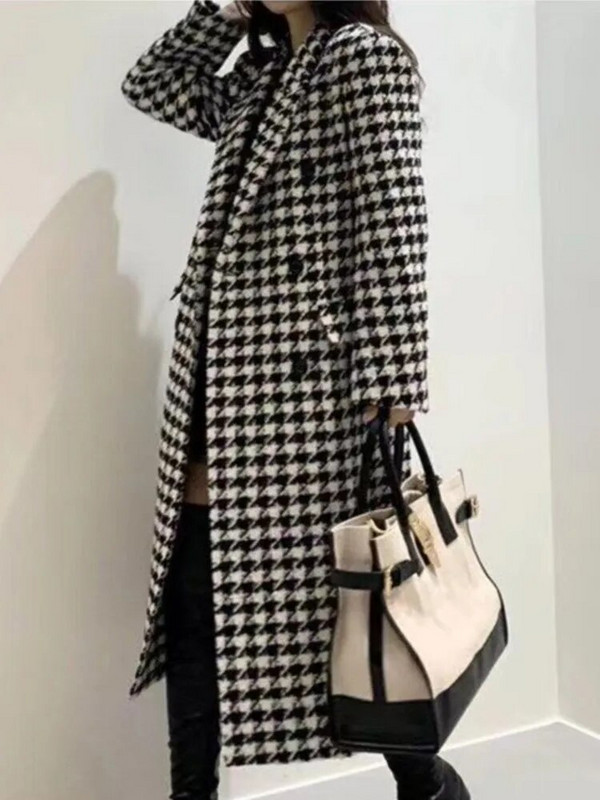 Sieviešu korejiešu modes rūtains vilnas mētelis rudens ziemas ikdienišķs brīvs, elegants houndstooth jaka Sieviešu elegants vintage mētelis