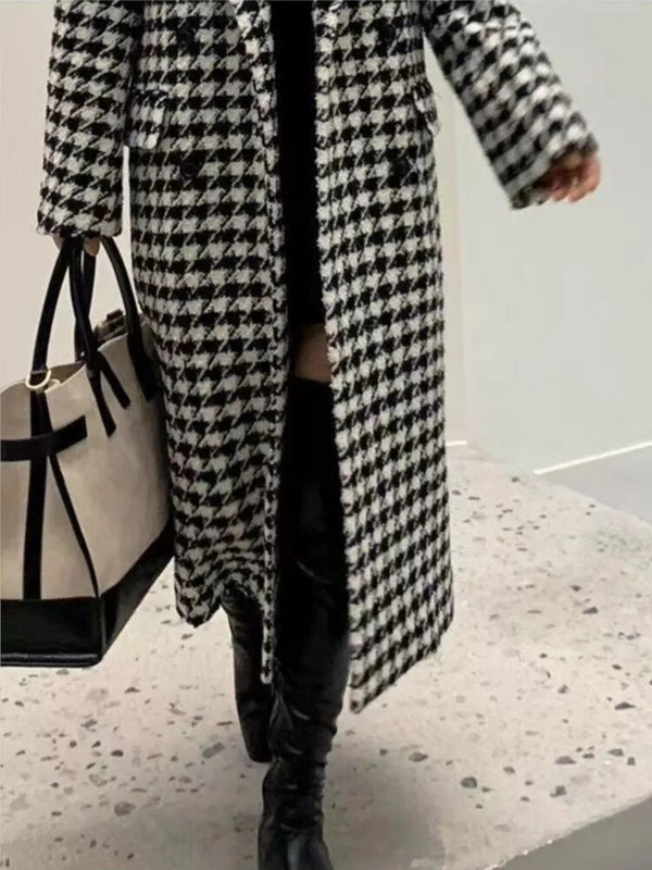 Sieviešu korejiešu modes rūtains vilnas mētelis rudens ziemas ikdienišķs brīvs, elegants houndstooth jaka Sieviešu elegants vintage mētelis