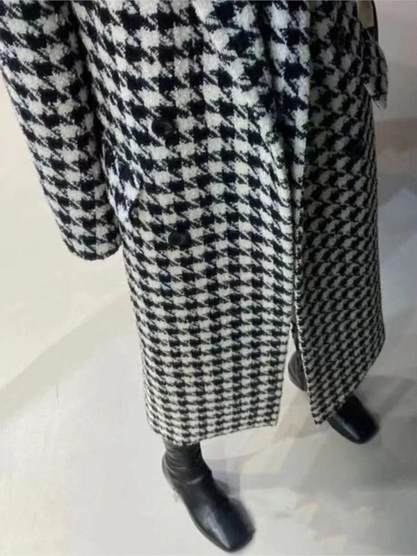 Sieviešu korejiešu modes rūtains vilnas mētelis rudens ziemas ikdienišķs brīvs, elegants houndstooth jaka Sieviešu elegants vintage mētelis