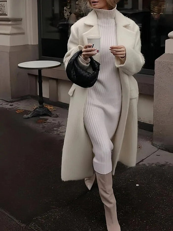 ZBZA Φθινοπωρινό και χειμώνα νέα χαλαρή μόδα γυναικεία λευκή μακριά κομψή τοπ vintage παλτό με κουμπιά πέτο ζεστό παχύρρευστο απαλό αφράτο παλτό