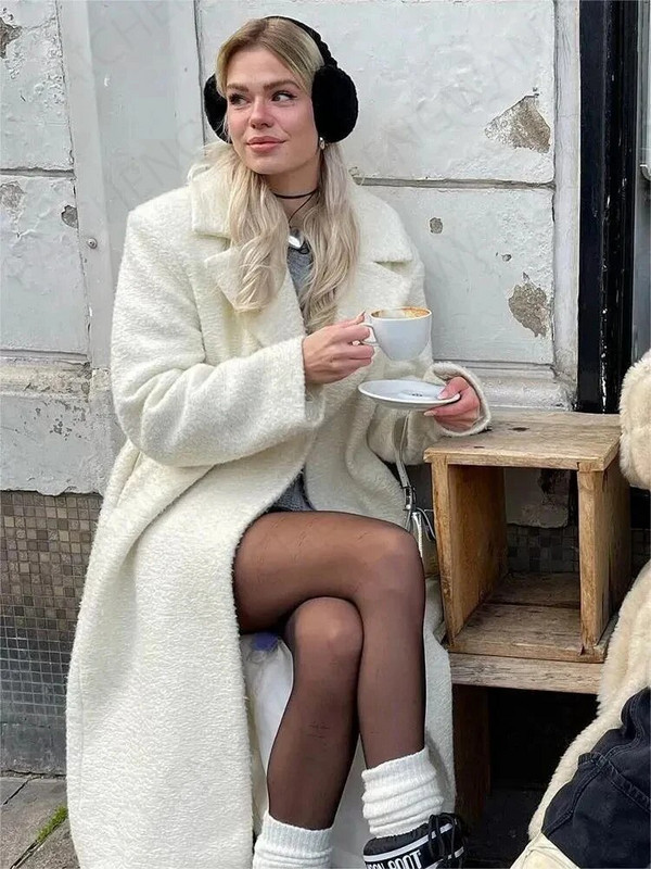 ZBZA Rudens un ziemas jauns brīvs modes sieviešu balts garš šiks top vintage pogu mētelis atloks silts biezināts mīksts pūkains mētelis