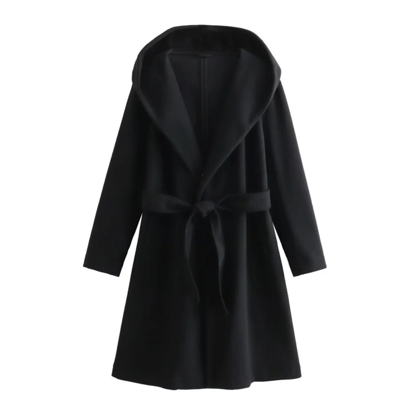 PB&ZA 2023 őszi és téli új női divat és temperamentum, közepes hosszúságú öv, bő kabát kapucnis gyapjúkabát