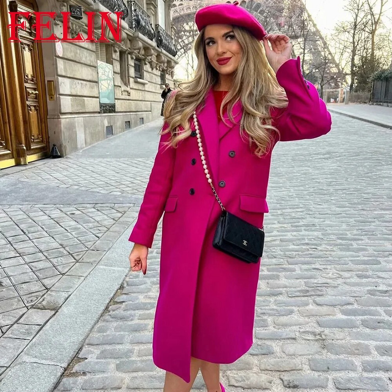 TRAF 2023 tömör őszi téli női rózsás dzseki bő hosszú, tömör kabátok alkalmi elegáns divat, hosszú gombos vérzés vastag kabát