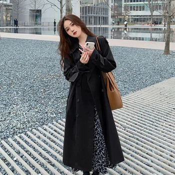 Κομψή φαρδιά καμπαρντίνα Φθινοπωρινή Streetwear Μόδα Κορεάτικη Μίντι Μήκος Ανεμοδράστη Casual Διπλό Χακί Μαύρα Μπουφάν