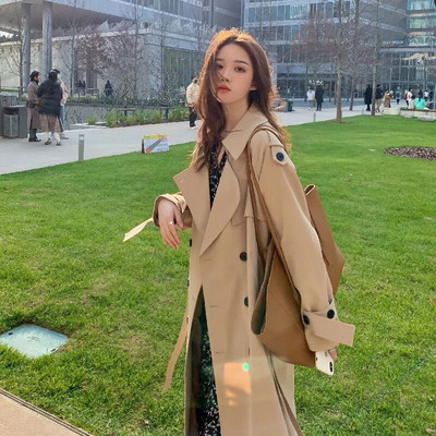 Elegants, brīvs Trench Coat Fall Street Wear Mode Korejiešu Midi Garuma Vējjaka Ikdienišķas Divrindu Haki Melnas Jakas