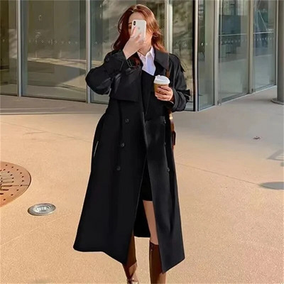 Elegants, brīvs Trench Coat Fall Street Wear Mode Korejiešu Midi Garuma Vējjaka Ikdienišķas Divrindu Haki Melnas Jakas