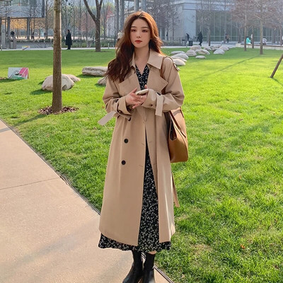 Elegants, brīvs Trench Coat Fall Street Wear Mode Korejiešu Midi Garuma Vējjaka Ikdienišķas Divrindu Haki Melnas Jakas