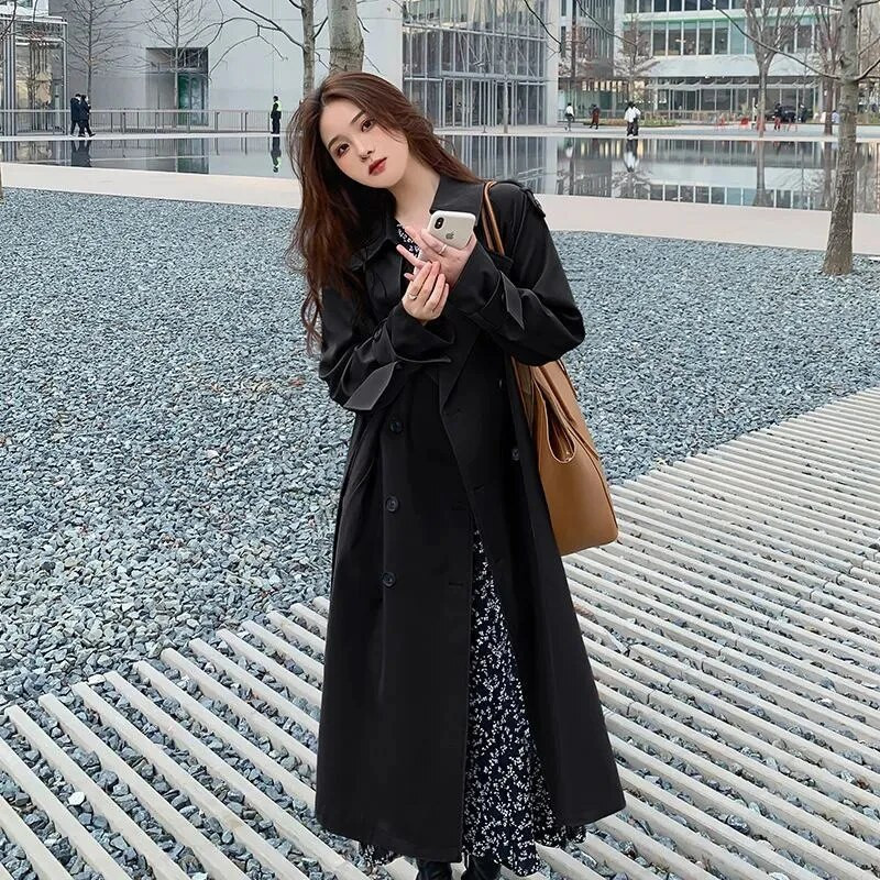Elegants, brīvs Trench Coat Fall Street Wear Mode Korejiešu Midi Garuma Vējjaka Ikdienišķas Divrindu Haki Melnas Jakas