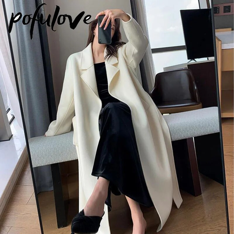 Balts vilnas garais mētelis sievietēm rudens un ziemas modes temperaments vidēja garuma mētelis Mazs biezs silts vilnas mētelis sievietēm