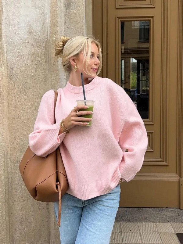 Modes vienkrāsains, brīvs džemperis sievietēm Elegants O veida kakla izgriezuma adīts džemperis ar garām piedurknēm 2023. gada rudens sieviešu, silti, biezi džemperi