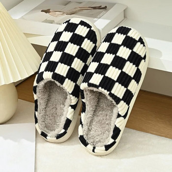 Нови дамски шахматни домашни чехли Зимни меки топли плюшени домакински пързалки Вътрешни обувки с дебела подметка Неплъзгащи се сандали за двойка