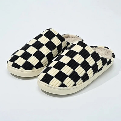 Νέες γυναικείες παντόφλες σκακιέρας για το σπίτι Χειμερινές απαλές ζεστές βελούδινες οικιακές τσουλήθρες Εσωτερική χοντρή σόλα Αντιολισθητικά παπούτσια για ζευγάρια