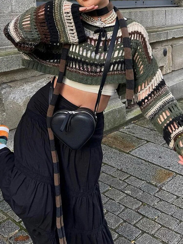 SUCHCUTE y2k Stripe Hollow Out Fishnet Džemperi Smock Crop Tops Sieviešu Fairycore Lielizmēra džemperis Grunge Goth Cloth свитер сетка